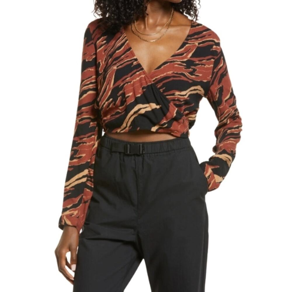 BP. Tiger Print Crop Top Surplice Ruched Waist Long Sleeves Brown Women's S NWOT